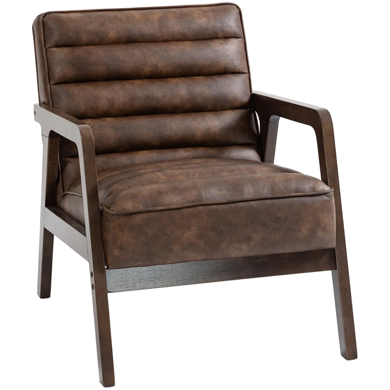 HOMCOM Sillón de salón, sillón auxiliar acolchado en PU con asiento amplio, cojín grueso y estructura de madera maciza, marrón