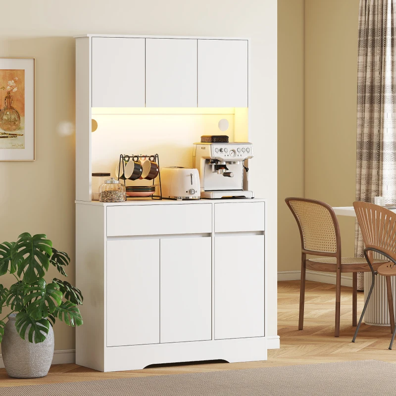 HOMCOM Buffet cuisine meuble cuisine rangement haut avec lumière LED RGB, plan de travail, 6 portes, 2 tiroirs, blanc