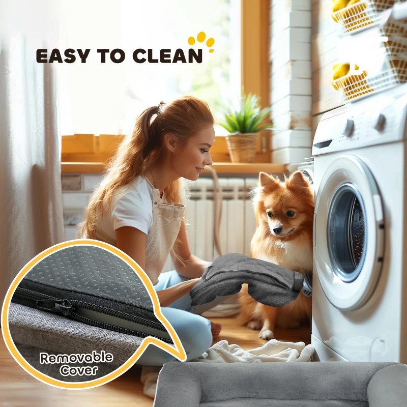 PawHut Dog Sofa Bed, Washable Pet Bed with Removable Cover and Non-Slip Bottom for Cats and Small Dogs, Grey