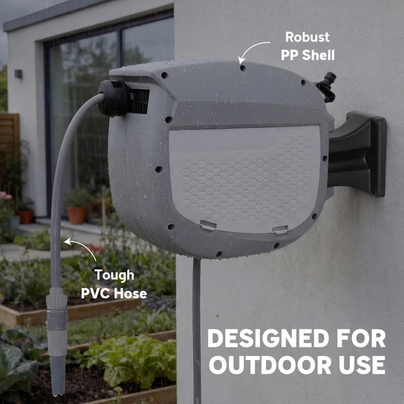 Outsunny Dévidoir de Tuyau Rétractable 10+1 m avec Buse 2 Modes Verrouillage Automatique et Rétraction Contrôlée Support Gris