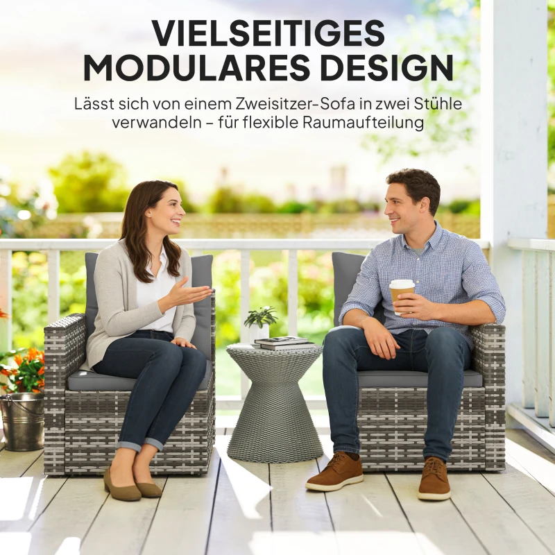 Outsunny 2-Sitzer Rattansofa mit Kissen Klappbar Seitentabletts Loungesofa Sitzgruppe Hellgrau