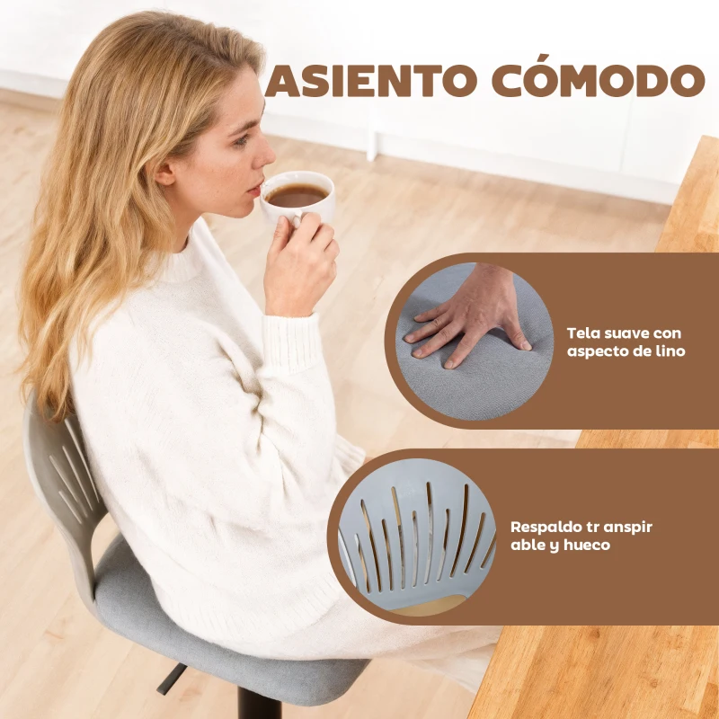 HOMCOM Juego de 2 Taburetes de Bar Giratorios en 360° Regulables en Altura de 84-105 cm Respaldo Hueco Reposapiés Gris