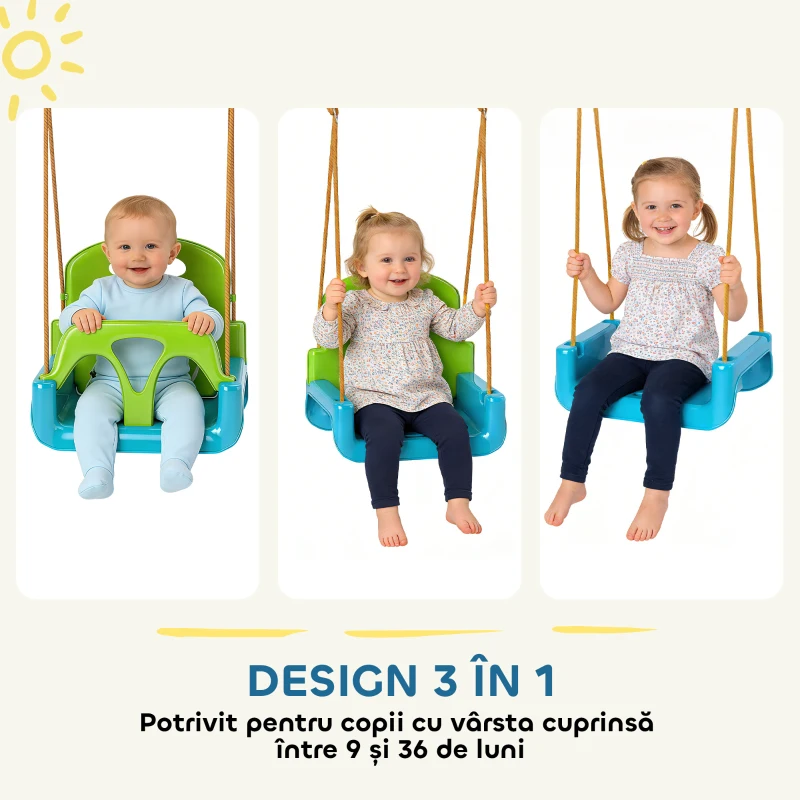 Outsunny Leagăn pentru Copii 3 în 1 pentru Interior și Exterior, Leagăn de Grădină pentru Bebeluși și Copii 9-36 Luni, Frânghie Reglabilă 120-180 cm și Centură de Siguranță, 42x33x120-180 cm, Verde