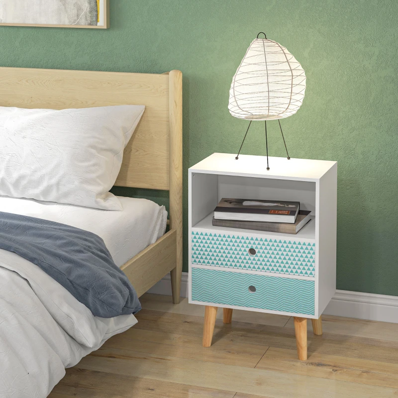 HOMCOM Comodă din lemn cu 2 sertare noptieră cu poliță deschisă pentru dormitor living 45x30x65 cm Alb