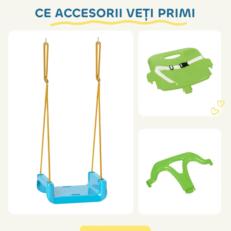 Outsunny Leagăn pentru Copii 3 în 1 pentru Interior și Exterior, Leagăn de Grădină pentru Bebeluși și Copii 9-36 Luni, Frânghie Reglabilă 120-180 cm și Centură de Siguranță, 42x33x120-180 cm, Verde