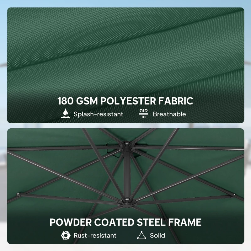 Outsunny 3 m Overhanging Cantilever Parasol, with Cross Base - Dark Green