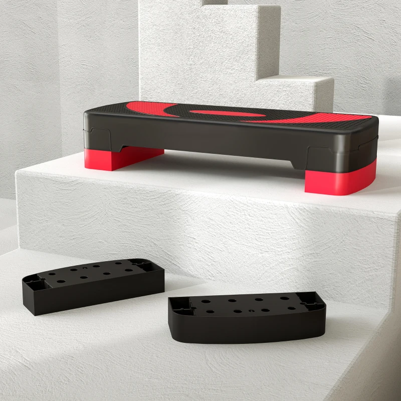 HOMCOM Step de Aeróbic para Fitness Antideslizante con Altura Regulable 3 Niveles 10/15/20 cm Carga 150 kg 80x31x20 cm Rojo