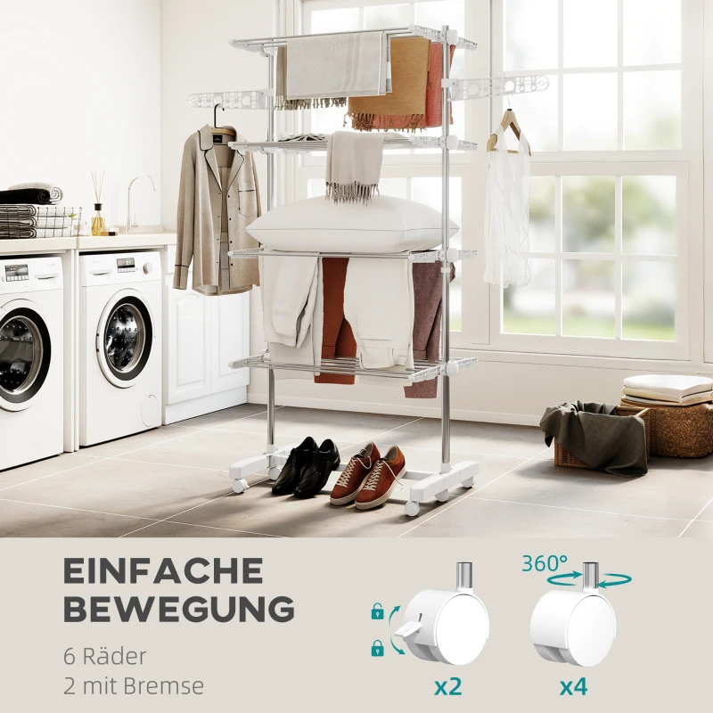 HOMCOM Mobiler Wäscheständer mit Rollen, 4 Ebenen, klappbar, Edelstahl, rostfrei, weiß+silber, 142 x 55 x 172 cm