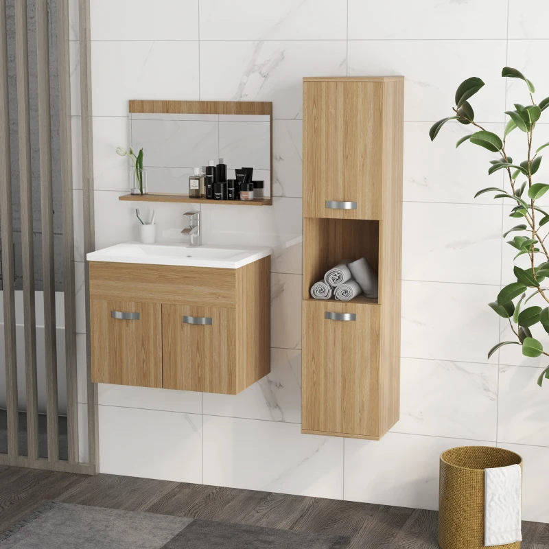 kleankin Ensemble de Meubles de Salle de Bain 4 Pièces, Mural, avec Miroir, Meuble sous Vasque, Lavabo et Armoire Haute, Naturel