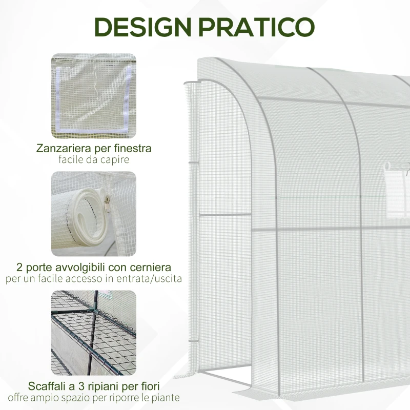 Outsunny Serra Addossata a 3 Livelli con Porte e Finestre Avvolgibili, in PE e Acciaio, 200x100x215 cm, Verde e Bianco