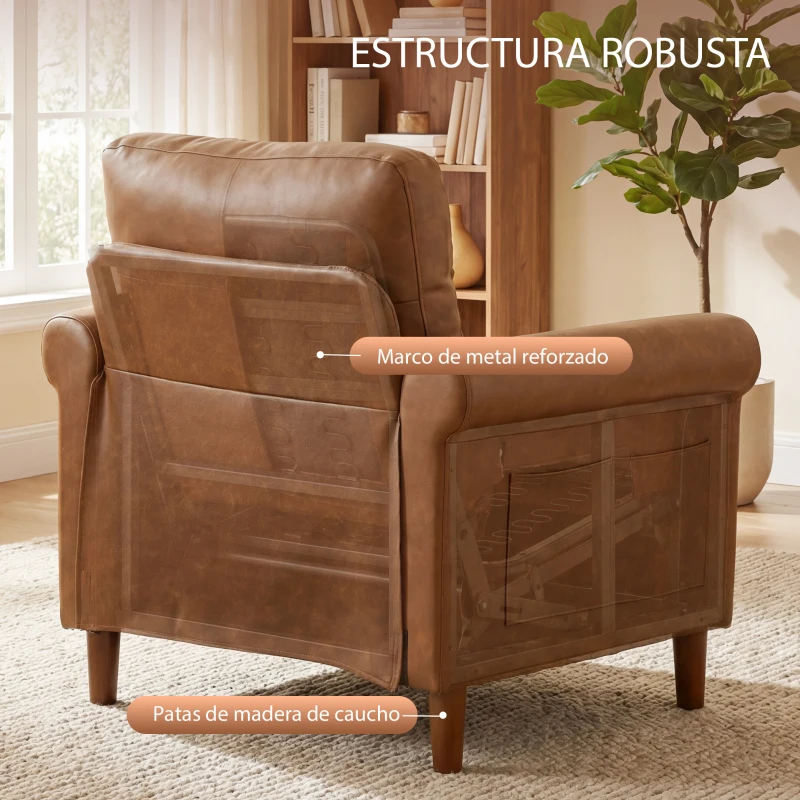 HOMCOM Sofá Individual Tapizado en PU Cojín Grueso Respaldo con Costuras Patas de Madera Maciza Marrón
