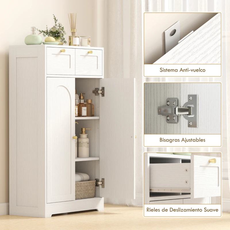 HOMCOM Armario de Baño Estrecho con 2 Cajones Estante Abierto y Puerta con Panel Arqueado 60x30x108 cm Blanco Veteado