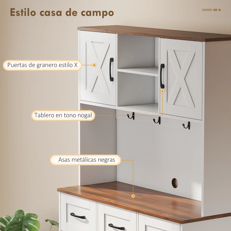 HOMCOM Alacena de Cocina con Botellero para 8 Botellas 4 Puertas 3 Cajones Encimera Amplio 100x38x172 cm Blanco