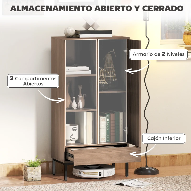 HOMCOM Aparador para Salón Moderno con Puerta Cajón Estante Ajustable y 3 Compartimentos Abiertos 60x34x121 cm Natural