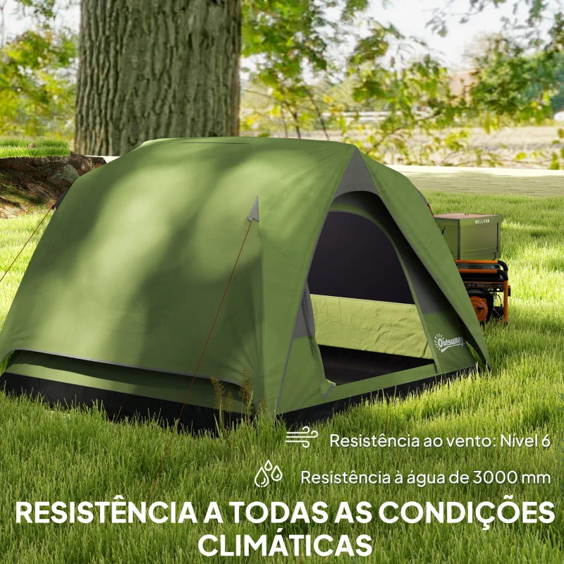 Outsunny Tenda de Campismo para 4 Pessoas Impermeável Montagem Fácil com Saco de Transporte Incluído 200x200x135 cm Verde