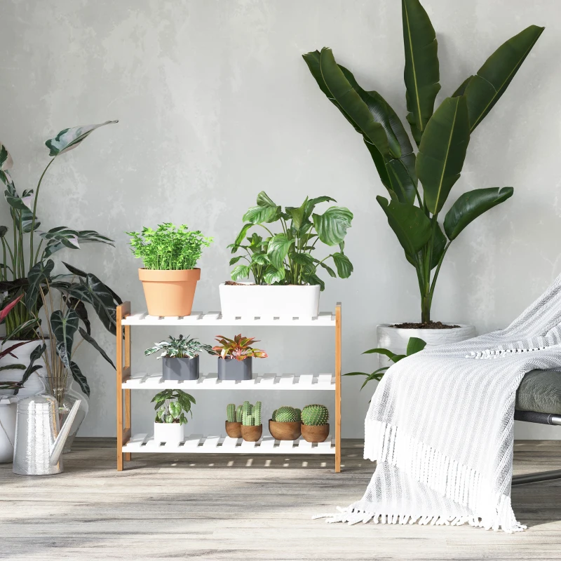 HOMCOM Étagère à chaussures à 3 niveaux, porte-chaussures en bois de pin avec 3 étagères à lattes, pour salon, entrée, 70 x 26 x 57,5 cm, blanc et effet bois naturel