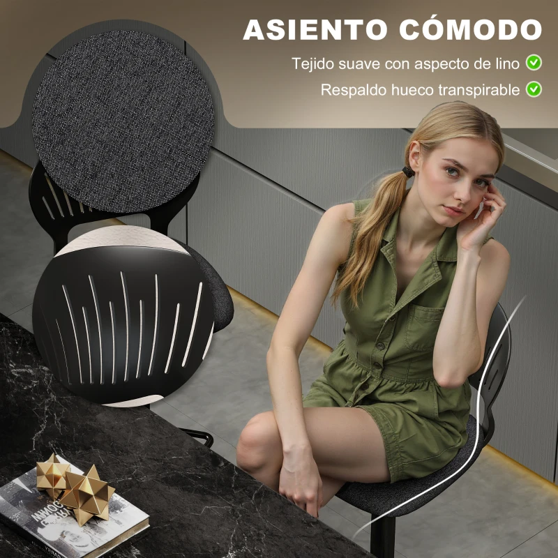 HOMCOM Juego de 2 Taburetes de Bar Giratorios en 360° Regulables en Altura de 84-105 cm Respaldo Hueco Reposapiés Negro