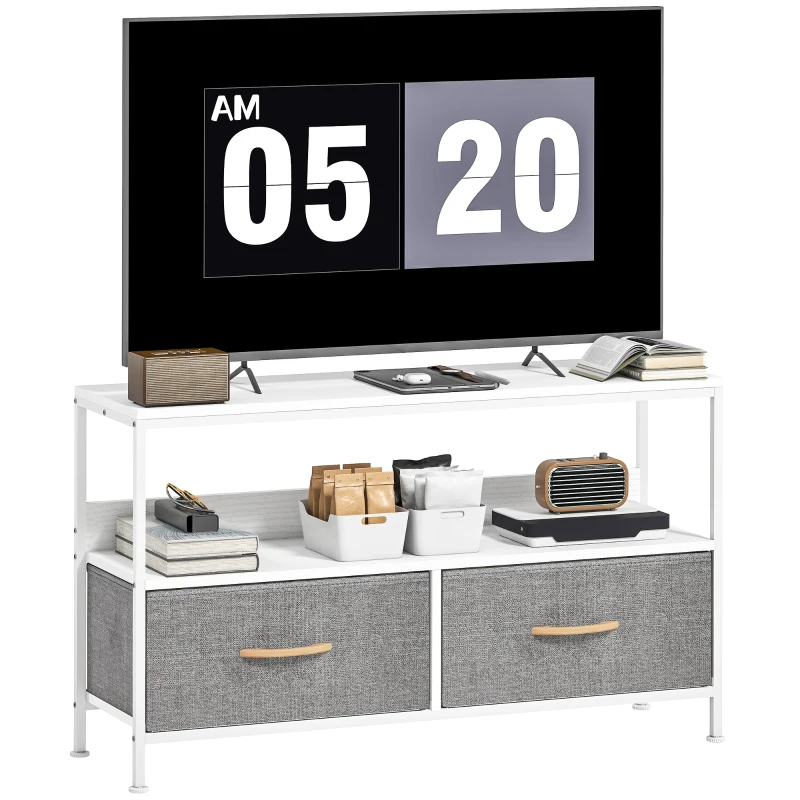 HOMCOM Mueble de TV con Estante y 2 Cajones de Tela Plegables para Televisores hasta 47 Pulgadas Largo de 98 cm Blanco y Gris