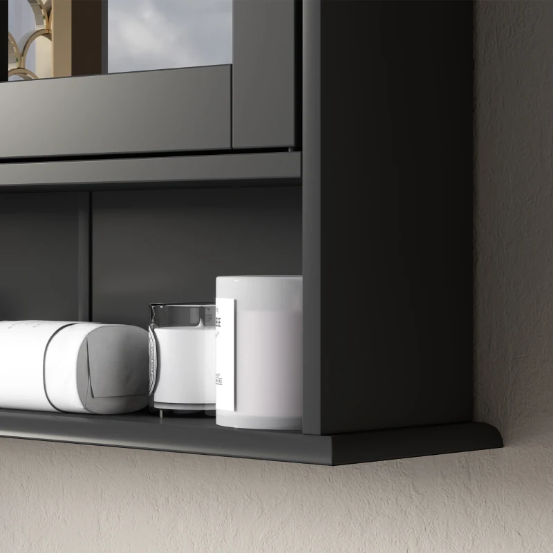 kleankin Armario de Baño con Espejo Armario de Pared con 2 Puertas Estante Abierto Estante Ajustable 56x13x58cm Negro