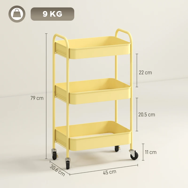 HOMCOM Carrello da cucina a 3 livelli con cestelli e maniglie, 45x30,6x79 cm, Giallo