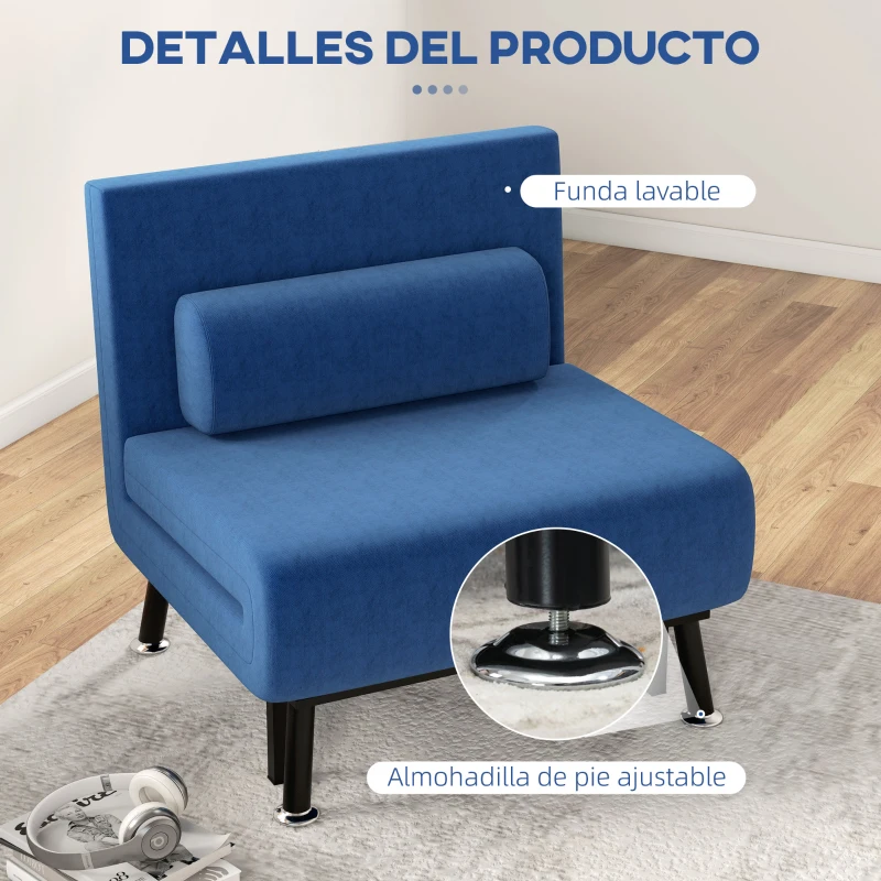 HOMCOM Sofá Cama Individual Plegable con Respaldo Ajustable de 5 Niveles Cojín y Tapizado de Lino Sintético 75x70x75 cm Azul
