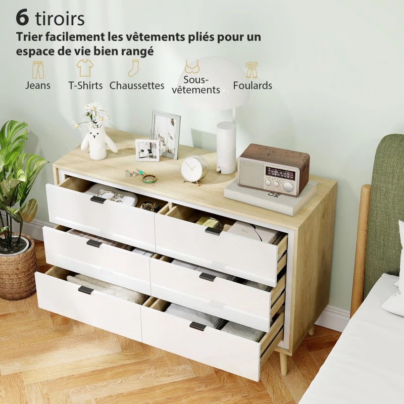 HOMCOM Commode 6 tiroirs, meuble de rangement à haute brillance, 5 pieds en bois, 110 x 40 x 75 cm, blanc et chêne