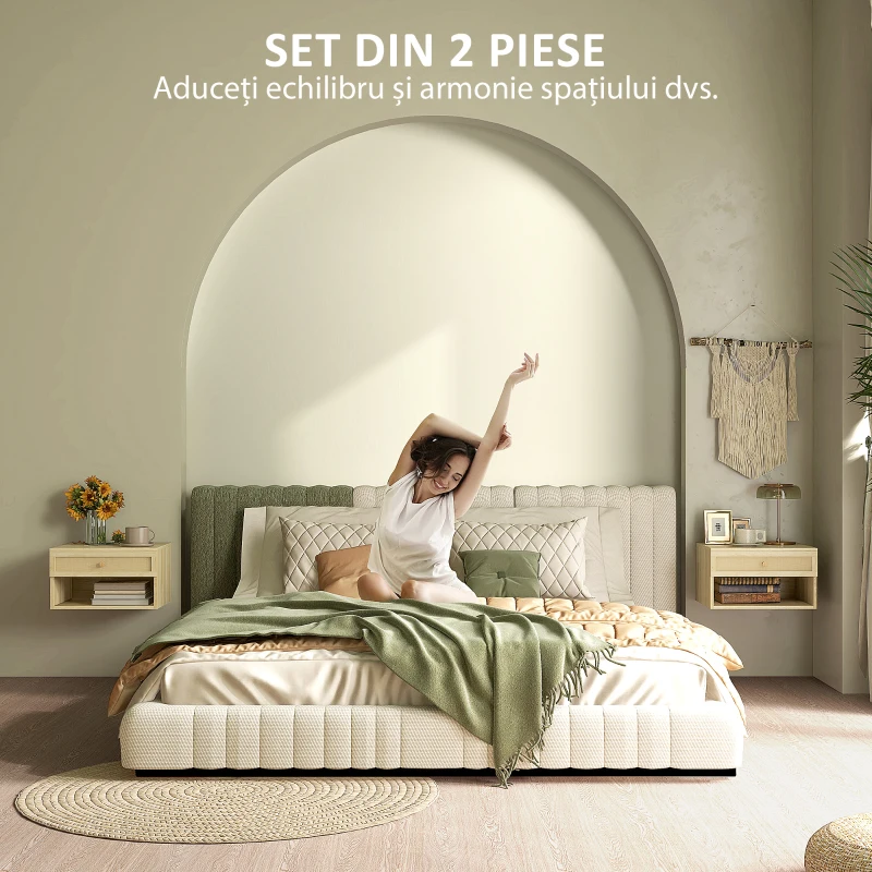 HOMCOM Set de 2 Noptiere Plutitoare, Noptiere cu Sertar din Ratan și Raft Deschis pentru Dormitor, 40x34x23 cm, Lemn Natural(m-4)