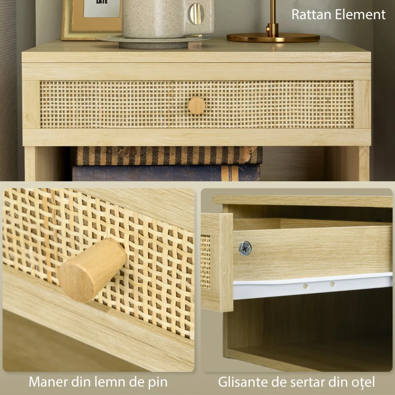 HOMCOM Set de 2 Noptiere Plutitoare, Noptiere cu Sertar din Ratan și Raft Deschis pentru Dormitor, 40x34x23 cm, Lemn Natural(m-7)