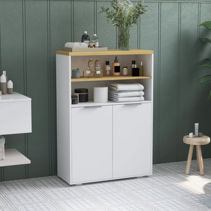 kleankin Meuble de rangement pour salle de bain avec 2 portes et 2 compartiments ouverts dim.  60L x 30P x 102H cm, blanc