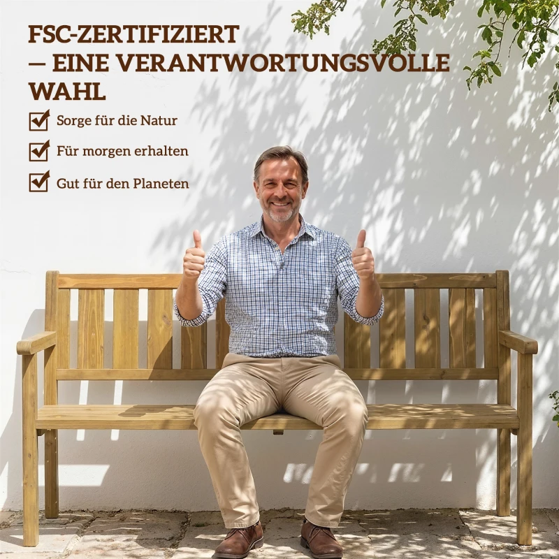Outsunny Gartenbank 3-Sitzer Wetterfest Holzbank mit Rückenlehne Armlehnen, Holz Sitzbank 360 kg belastbar Teak