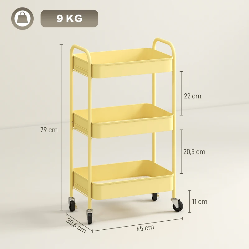 HOMCOM Chariot Auxiliaire avec Roulettes de 3 Niveaux Chariot de Cuisine avec 3 Paniers et 2 Poignées 45x30,6x79 cm Jaune