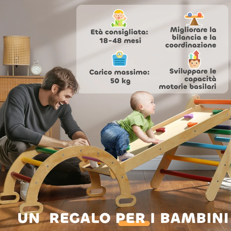 AIYAPLAY Gioco Arrampicata Bambini con Triangolo e Arco Montessori e Rampa con Pietre in Legno di Pino, 178x64.5x63 cm