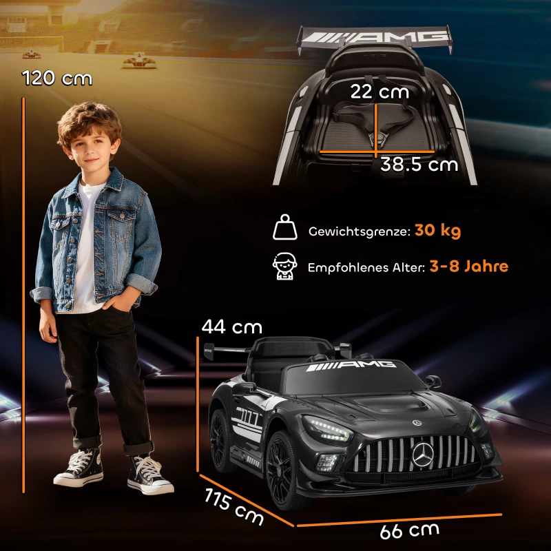 AIYAPLAY Mercedes-Elektroauto, Aufsitzauto für Kinder, 12V Batterie, LED-Lichter, Musikfunktion, Hupe, 3-8 Jahre, Schwarz