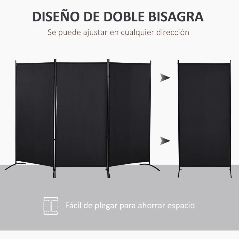 HOMCOM Biombo Separador de Ambientes de 3 Paneles 253x50x182 cm Divisor de Habitación Plegable con 6 Pies de Metal Negro