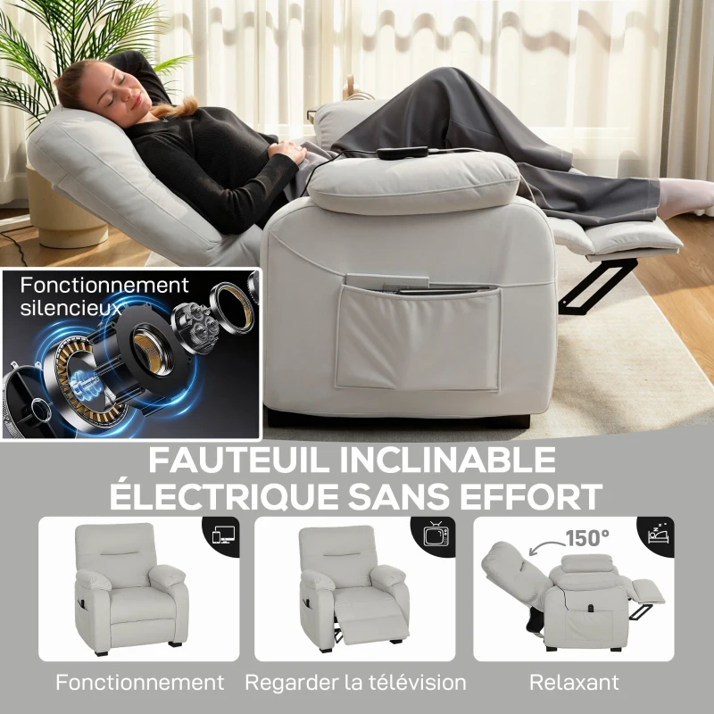 HOMCOM Fauteuil relax électrique fauteuil inclinable port USB repose-pieds poches latérales télécommande 96x90x103cm crème(m-4)