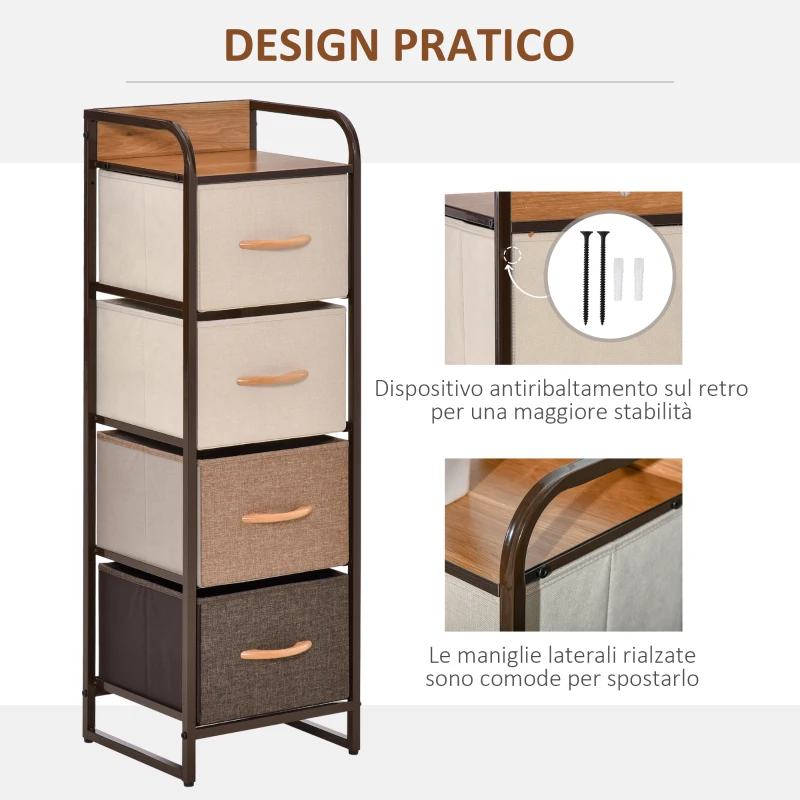 HOMCOM Cassettiera 4 Cassetti Pieghevoli in Tessuto e Struttura in Legno e Metallo, 31x29x99 cm, Multicolore