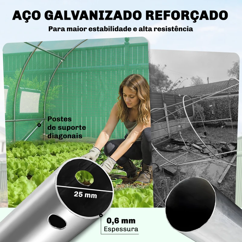 Outsunny Estufa Túnel 6x3x2 m com Porta com Dobradiças 12 Janelas com Rede e Estrutura de Aço Galvanizado Verde
