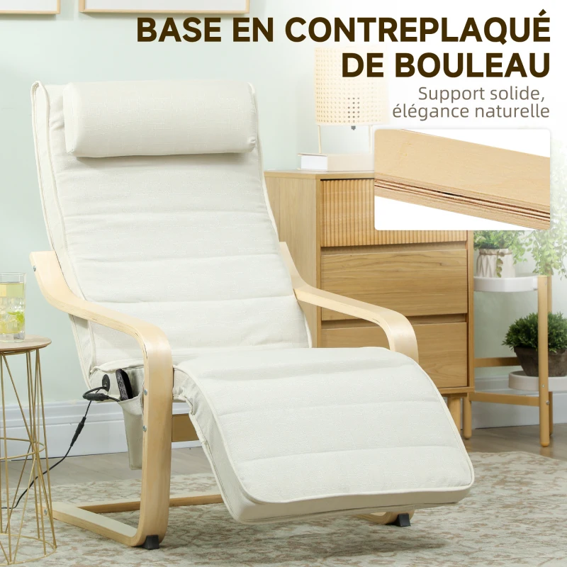 HOMCOM Fauteuil de salon fauteuil relax massant et chauffant dossier haut, appui-tête et repose-pieds, 67 x 95 x 101 cm, crème