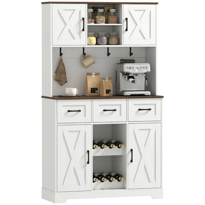 HOMCOM Alacena de Cocina con Botellero para 8 Botellas 4 Puertas 3 Cajones Encimera Amplio 100x38x172 cm Blanco