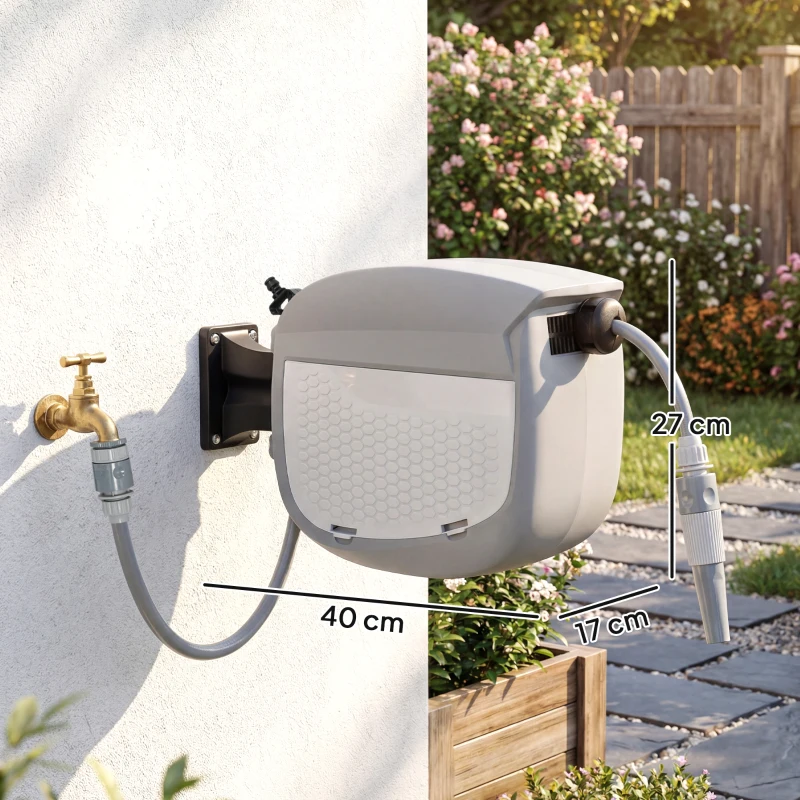 Outsunny Dévidoir de Tuyau Rétractable 10+1 m avec Buse 2 Modes Verrouillage Automatique et Rétraction Contrôlée Support Gris