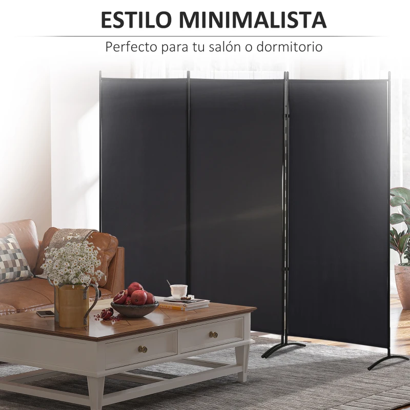 HOMCOM Biombo Separador de Ambientes de 3 Paneles 253x50x182 cm Divisor de Habitación Plegable con 6 Pies de Metal Negro