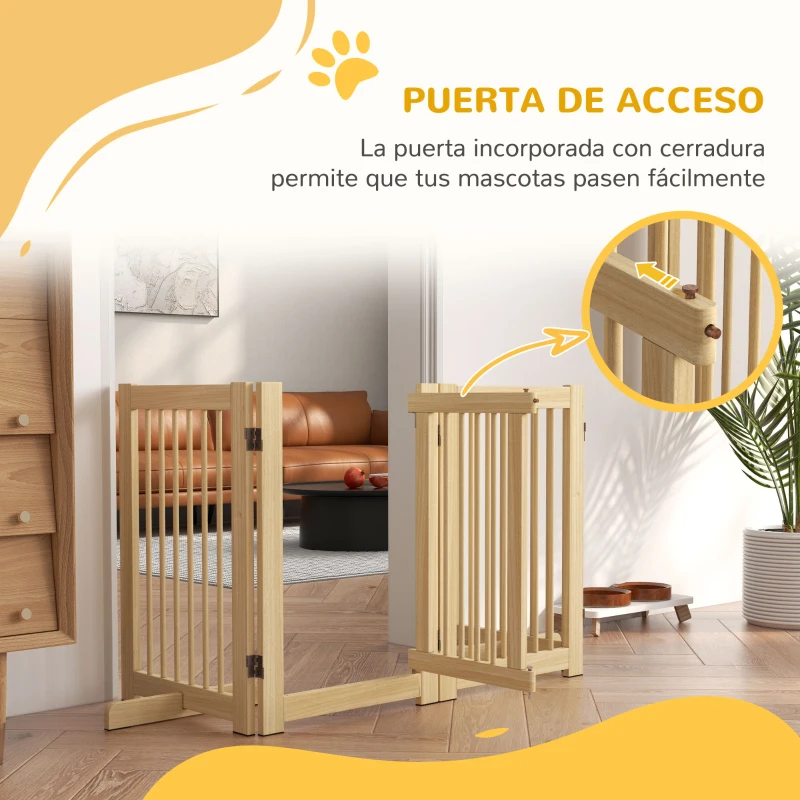 PawHut Barrera de Seguridad para Perros Plegable de Madera para Escaleras y Puertas con Soporte de Pie 204x36x75 cm Natural