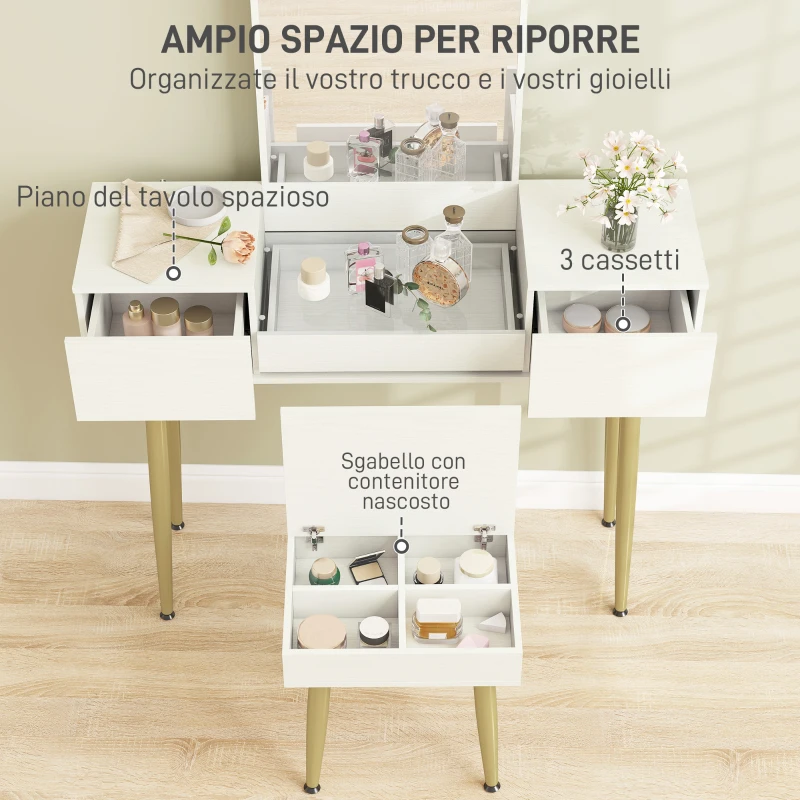 HOMCOM Set Tavolo da Trucco con 3 Cassetti e Specchio con Sgabello da Trucco Portaoggetti, Bianco