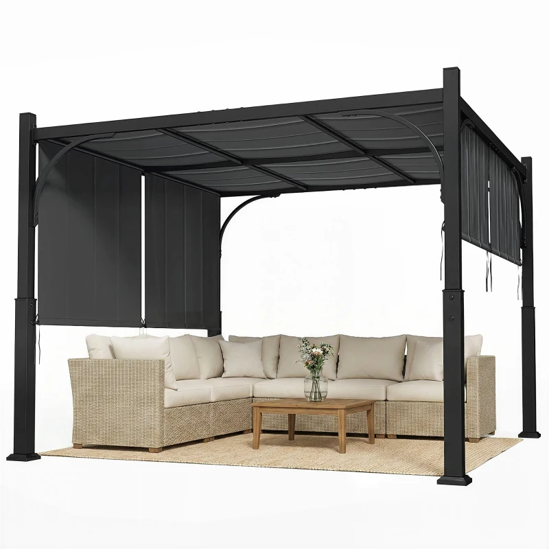 Outsunny Pérgola de Jardim 3x3 m Tenda de Jardim com Toldo Deslizante Estrutura Metálica para Exterior Cinza Escuro