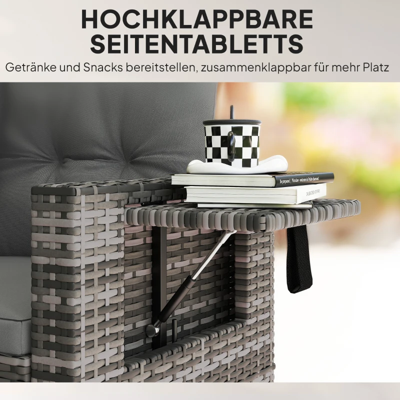 Outsunny 2-Sitzer Rattansofa mit Kissen Klappbar Seitentabletts Loungesofa Sitzgruppe Hellgrau