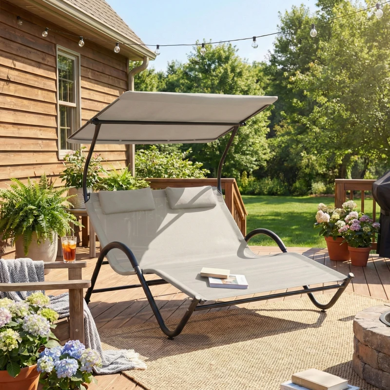 Outsunny Chaise longue bain de soleil transat avec auvent oreiller et roulettes en acier et polyester crème