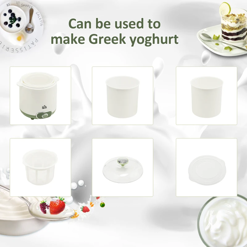 HOMCOM Jogurtownica, 1,5 L maszyna do jogurtu z sitkiem, pokrywką, 20 W, idealna do greckiego jogurtu, dla 3–5 osób, 19,5x17,5x21,4 cm, biały