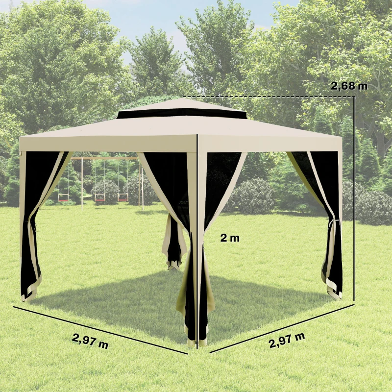 Outsunny Carpa de Jardín 3x3 m Cenador Gazebo con 4 Mosquiteras Laterales Techo Doble 8 Orificios de Drenaje Marco de Metal Beige