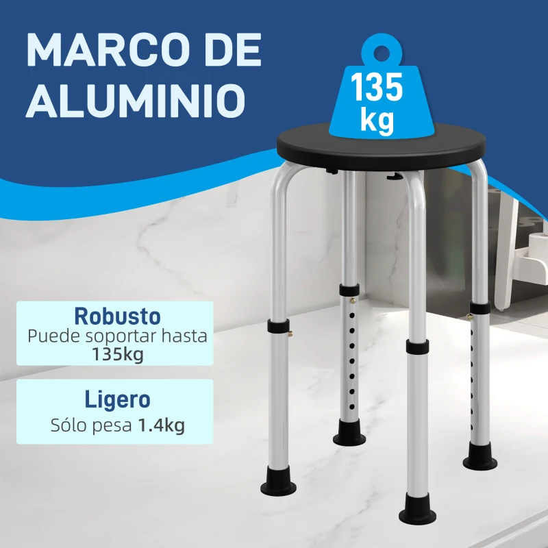 HOMCOM Taburete de Ducha de Aluminio con Altura Regulable Antideslizante Carga 135 kg para Ancianos y Discapacitados