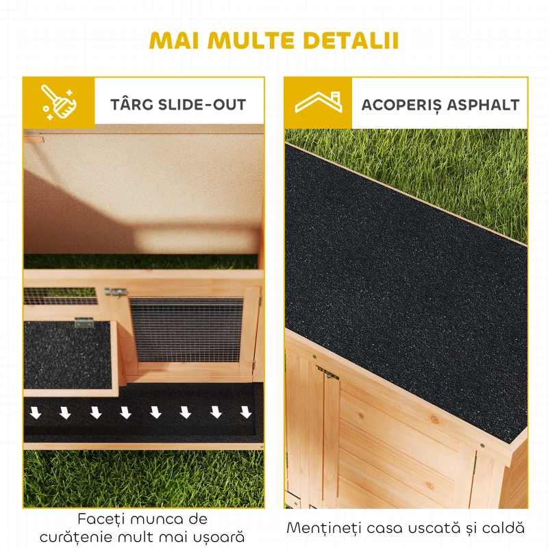 PawHut Cușcă pentru Iepuri din Lemn de Exterior cu Acoperiș din Asfalt, Căsuță cu Uși, Tăvi Detașabile și Hrănitoare, 112x50x54 cm, Galben